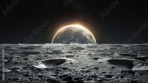 Stunning space scene showing Earth's sunrise from the moon's surface with craters in the foreground.