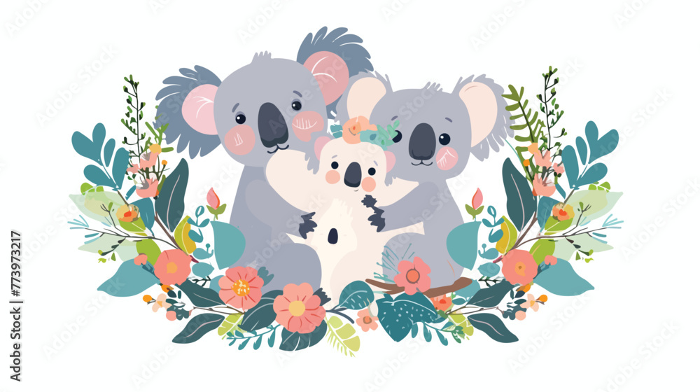 Cute koala bear family in floral frame flat vector isolated