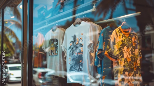 Casual t-shirts with tropical and floral prints displayed in a shop window, reflecting the city street. photo