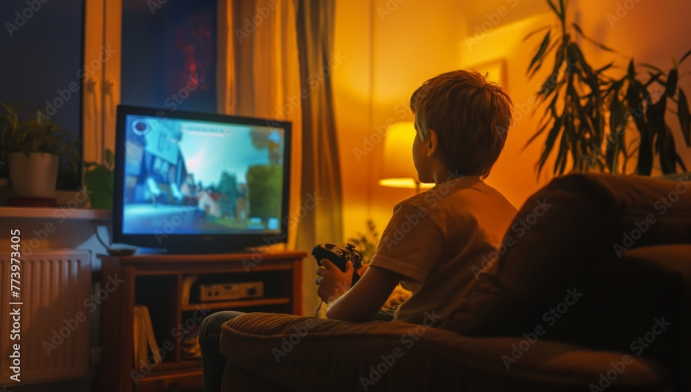 Young boy sitting in a chair engrossed in playing a video game on a screen. Young boy sitting in a chair engrossed in playing a video game on a screen.