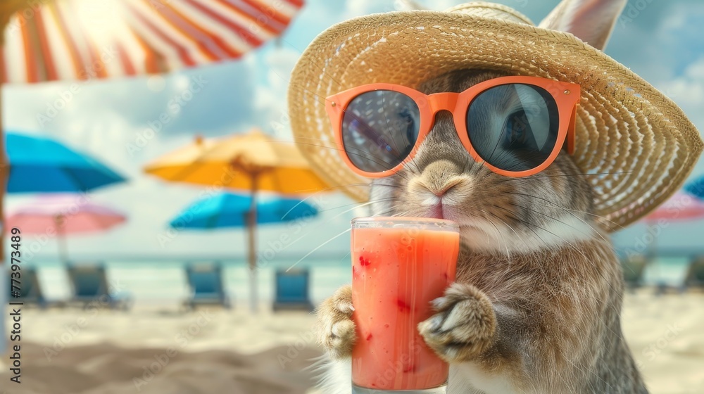 A rabbit in a straw hat sipping a tropical drink, with orange sunglasses, on a sandy beach with colorful umbrellas.