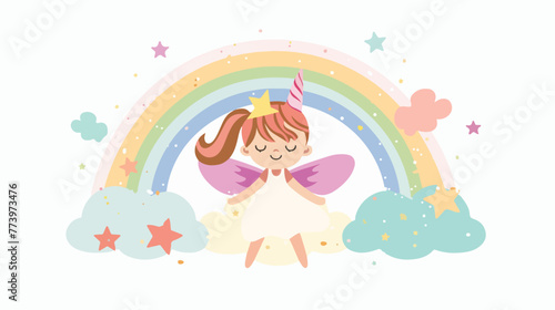 Cute little fairy with rainbow and clouds flat vector