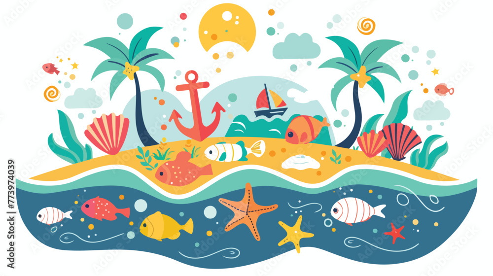 Cute vector illustration with fish island with palm tr