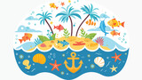 Cute vector illustration with fish island with palm tr