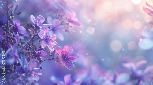 Soft lilac flowers on a dreamy, bokeh background with hues of purple and pink, symbolizing early summer and fragrant gardens. © Jenia