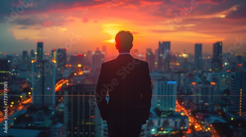 Businessman reviewing plans on a rooftop, embracing sophistication amid cityscape