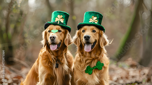 St patrick custome day celebration with dogs wearing green  st Patrick hats photo