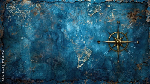 Fototapeta Naklejka Na Ścianę i Meble -  Vintage Blue Map. Aged antique map background for adventure and travel concept. Retro dark design with decorative compass