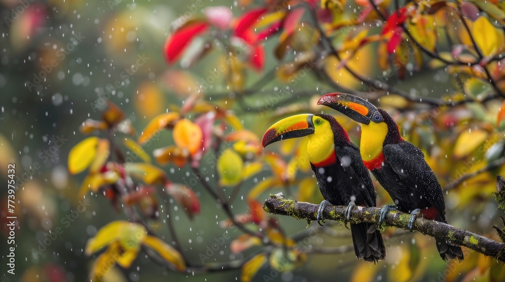 Wildlife Adventure: Two Keel-billed Toucans Sitting on a Tree Branch Surrounded by Greenery and Red Sky
