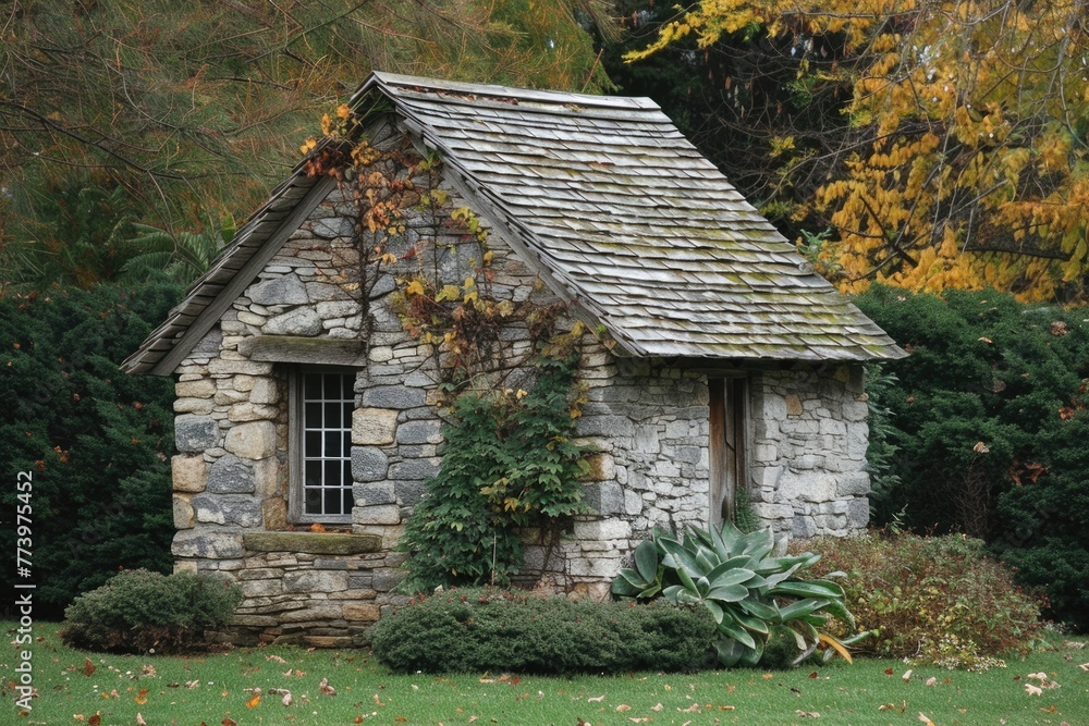 Withered Rustic Stone Shed in Countryside Garden: An Ancient Bungalow Building Withered Rustic Stone Shed in Countryside Garden: An Ancient Bungalow Building