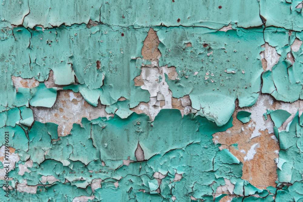 Obraz premium Detailed close up of peeling paint on a weathered wall, revealing layers of cracked and chipped paint