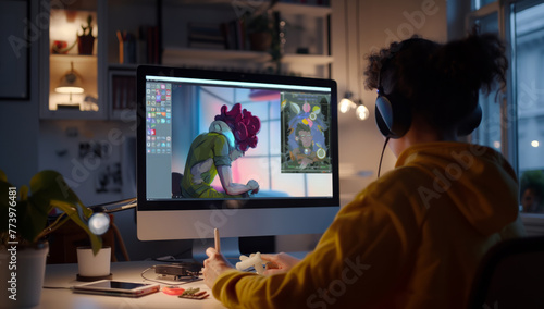 A woman sits at a desk, focused on her computer screen, working as a graphic designer from home.