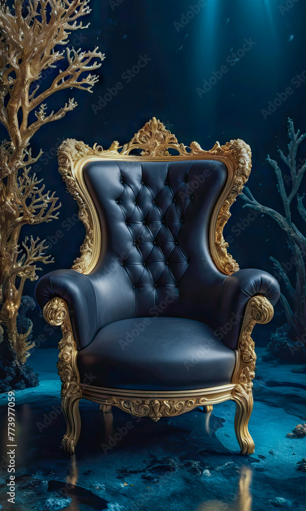 Mock-up - Black armchair stands in the blue ocean depths, surrounded by fish and coral. Armchair emanates tranquility, complemented by calming presence of the underwater world. Mock-up - Black armchair stands in the blue ocean depths, surrounded by fish and coral. Armchair emanates tranquility, complemented by calming presence of the underwater world.