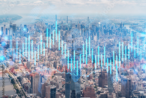 Skyscrapers Cityscape Downtown View, New York Skyline Buildings. Beautiful Real Estate. Day time. Forex Financial graph and chart hologram. Business education concept.