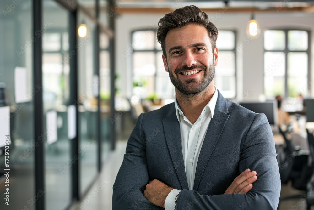 A man stands with his arms crossed in an office setting, showcasing confidence and authority A man stands with his arms crossed in an office setting, showcasing confidence and authority