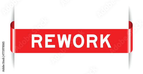 Red color inserted label banner with word rework on white background