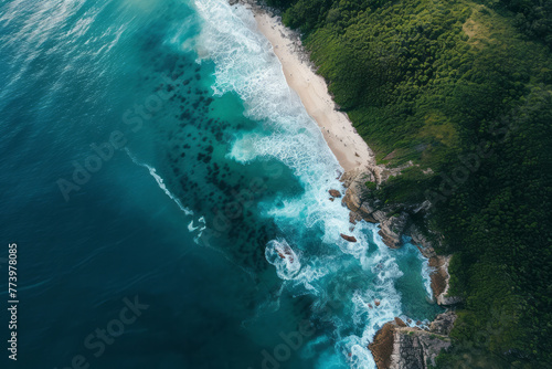 Overhead view of sandy beach meeting the ocean with waves breaking on shore