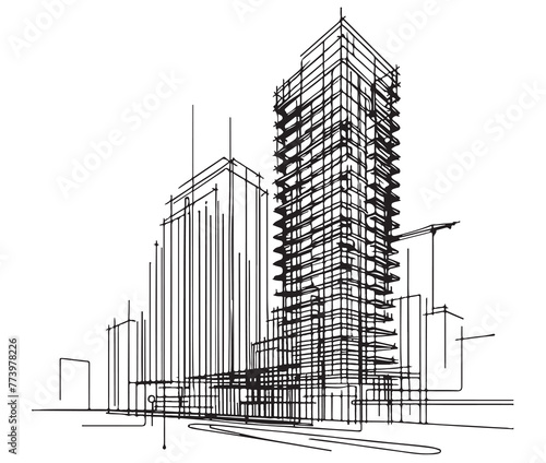 High rise building sketch. Line art