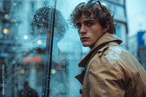 Man in raincoat on rainy city street. A young man wearing a trench coat looks pensively, raindrops on glass photo