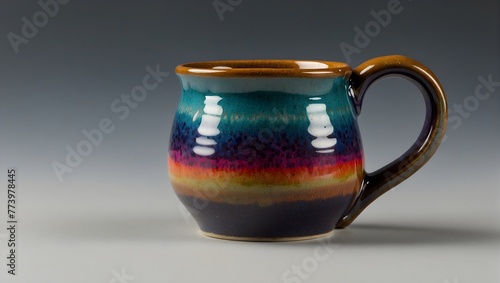 A rustic, hand-thrown pottery mug featuring an abstract, colorful glaze inspired by the aurora borealis Generative AI