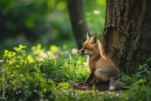 a baby fox playing in the grass © ananda