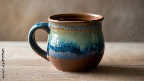 A rustic, hand-thrown pottery mug featuring an abstract, colorful glaze inspired by the aurora borealis Generative AI