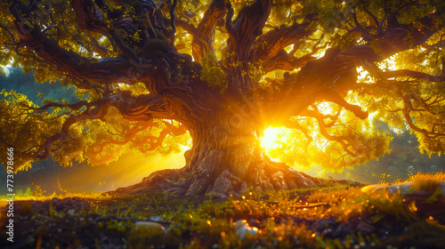 A majestic oak tree with thick roots and branches, bathed in golden sunlight, evoking feelings of wonder and mystery. © Ratthamond