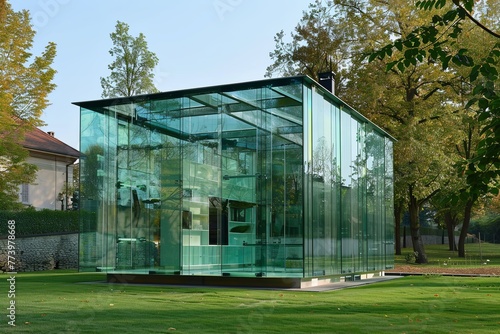Glass house on lush green field with glass facade and open door