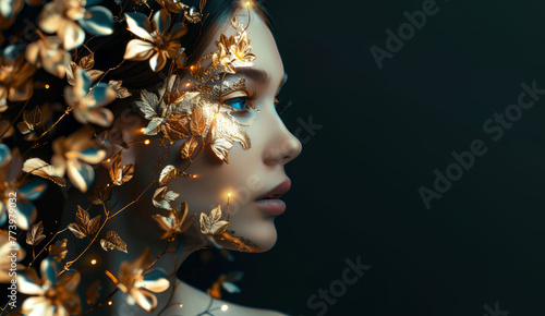 portrait a woman decorated with golden leaves 