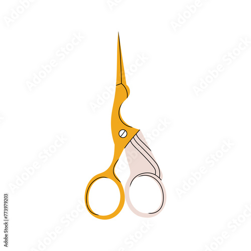 Metal vintage scissors in the shape of a bird with yellow handles. Tools for sewing and needlework in flat style. Vector stock illustration. Scissors in the shape of a bird.