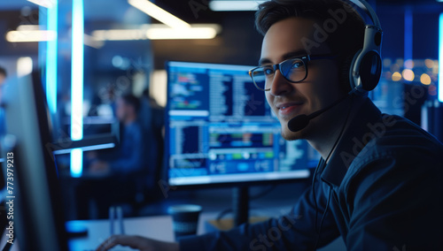 A male call center agent wearing glasses and a headset busy working on a computer at his desk.