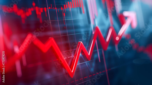 The red stock market graph is going down with arrows pointing upwards on a blurred background, financial change or global economic disaster