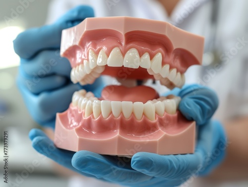 A dentist using a model of teeth to explain common dental