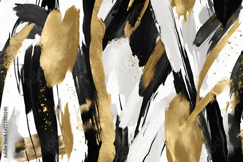 Seamless paint strokes. contempoary abstract art, black, white, gold photo