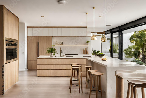 modern interior design, light beige walls with extra timber panels, white timber benchtops, kitchen island with bar stools highlighted with timber detailing, polished brass sinks