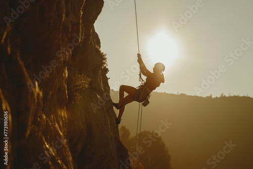 Climber ascending a cliff with the sun setting in the background, highlighting the determination and beauty of the sport.