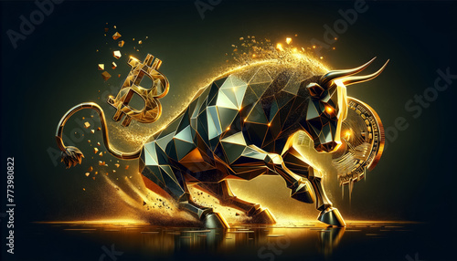 illustration of a stylized metal bull in dynamic pose, with symbol bitcoin on black background © zamuruev