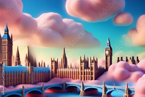 3d claymation high resolution scene of London. The colors are pastel, there are some cotton wool clouds in the bright blue sky