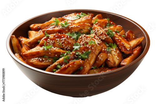 a png of chilli potato fried in bowl isolated on white background 