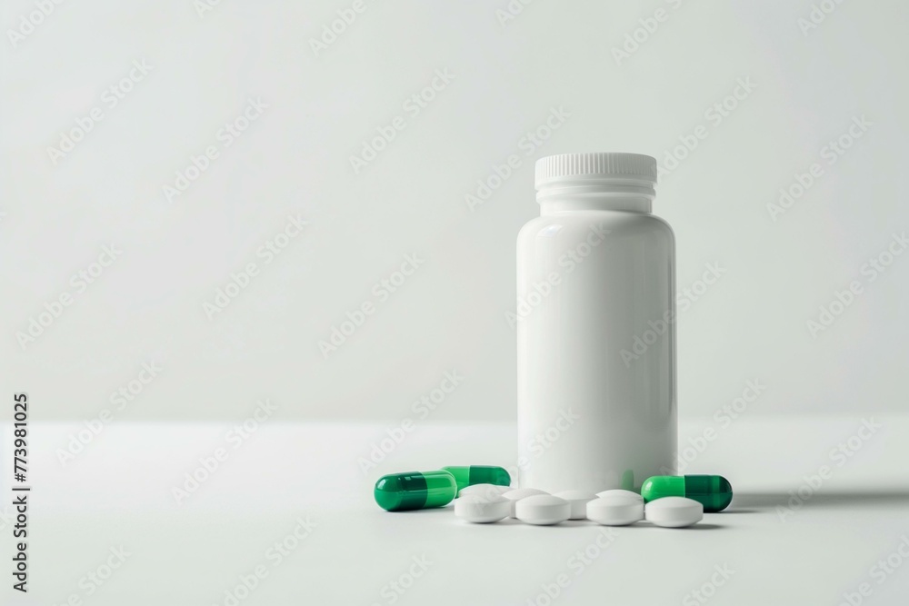 White Pill Bottle and Capsules on a Plain Background White Pill Bottle and Capsules on a Plain Background
