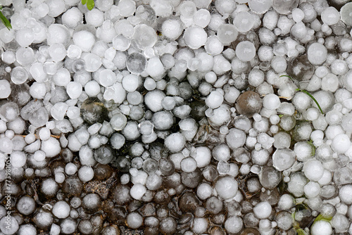 Hailstones on the ground in close up photo