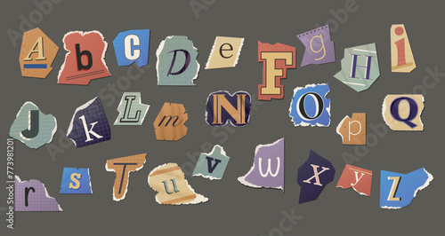 English alphabet. Printed letters from scraps of paper, magazines and newspapers. Vector isolated elements for collage or scrapbooking design.