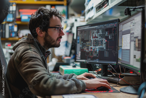 Engineer working on a computer with two displays, drawing and designing in CAD program.