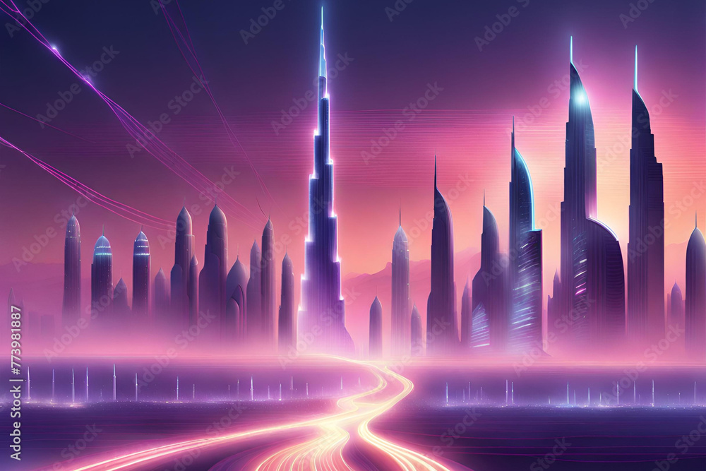 futuristic and realistic depiction city of dubai run by clean power in gray and electricity lines in purples and pinks