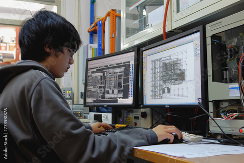 Wallpaper Mural Engineer working on a computer with two displays, drawing and designing in CAD program. Torontodigital.ca