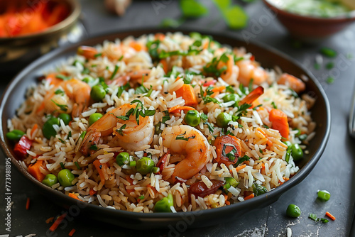Spicy Shrimp, seafood  Fried Rice with Vegetables. black clay plate with on dark slate table. Chinese, asian, authentic food concept.