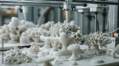 A machine is actively creating white sculptures. The sculptures are being shaped into intricate forms as the machine works photo