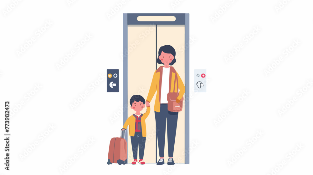 Illustration of a mother and his son at the elevator f