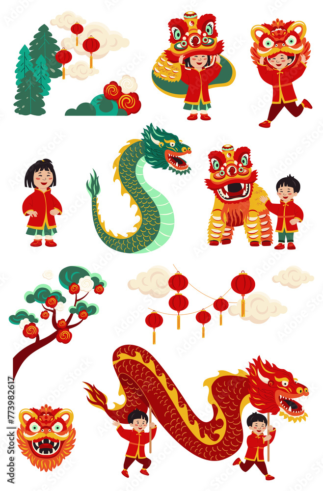 Flat Chinese new year elements set Flat Chinese new year elements set