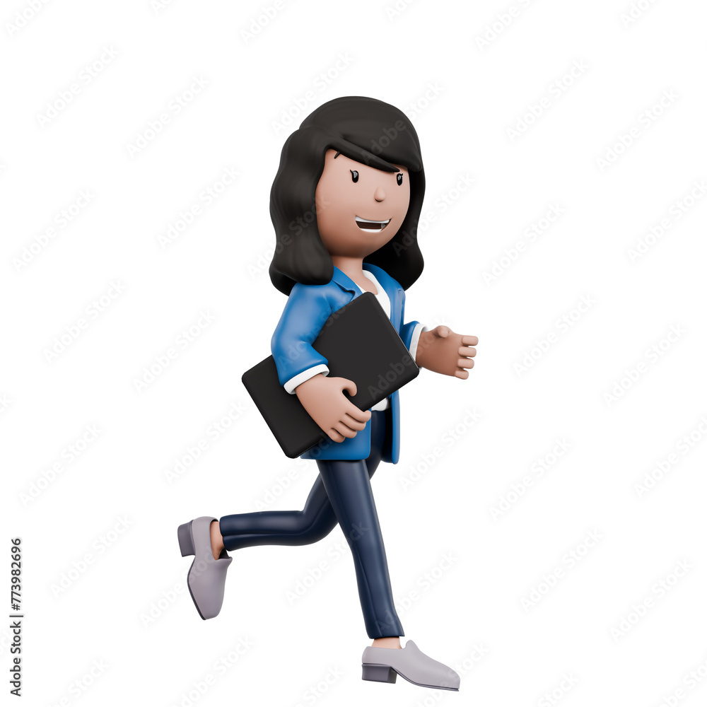 A woman in a blue suit is running with a black book in her hand. She is in a hurry and is focused on her task A woman in a blue suit is running with a black book in her hand. She is in a hurry and is focused on her task